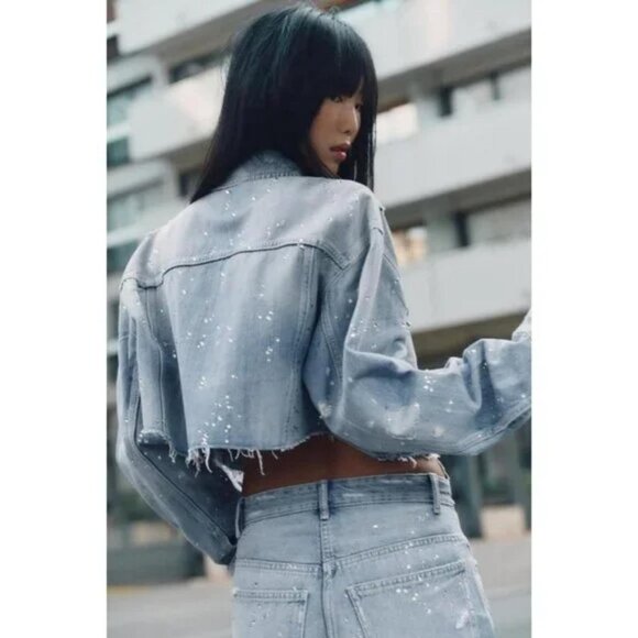 ZARA TRF STRASS CROP DENIM JACKET - Picture 5 of 9